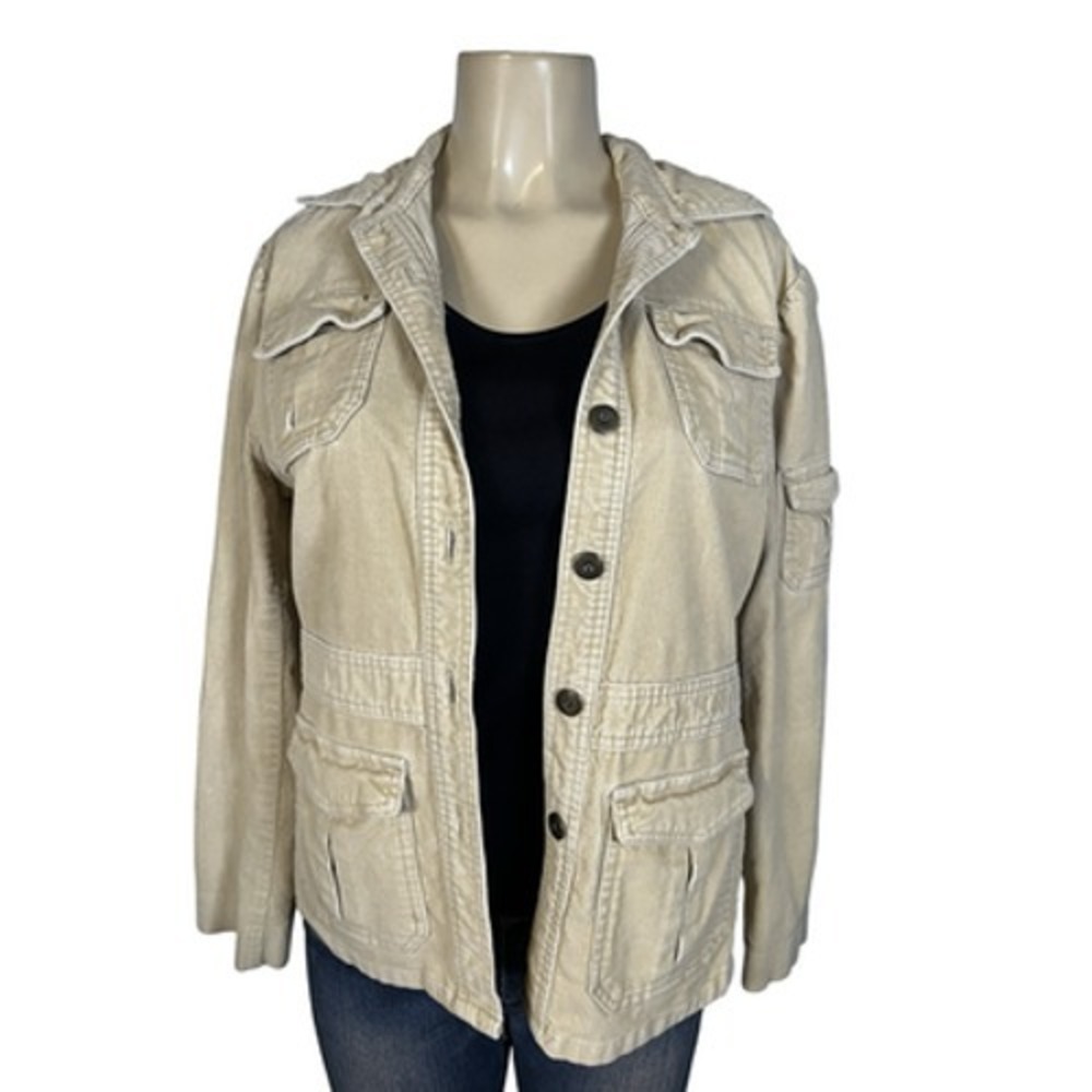 Vintage Mossimo Jacket Womens Medium Beige Corduroy Military Utility Pockets Y2K